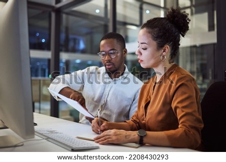 Teamwork in New York office at night, business document reading together and professional accounting report. Black man with financial audit, showing latino woman figures and employee collaboration