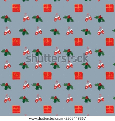 Seamless Christmas pattern.With mittens of mistletoe with gifts on a light blue background