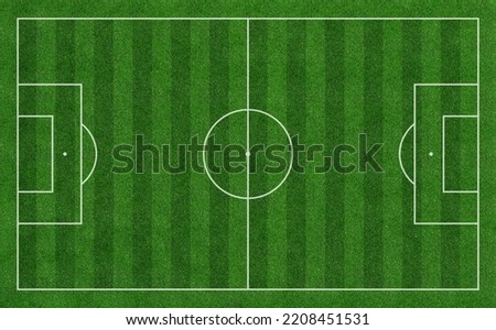 Green Soccer Field or Football Field Top View with Realistic Grass Texture and Mowing Pattern, Realistic Football Pitch Royalty-Free Stock Photo #2208451531
