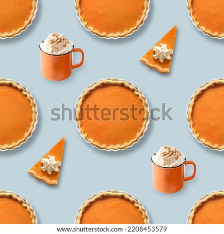 Seamless pattern of traditional American pumpkin pie and cup of coffee on blue background.