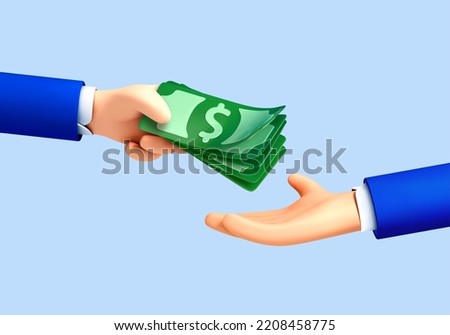 3D cartoon human hand giving money to other hand. Pay for something. Hand holds dollar banknotes. Money investments. Giving money.