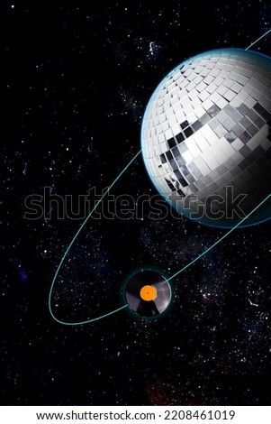 Photo artwork minimal picture of disco ball planet flying vinyl plate satellite isolated drawing background