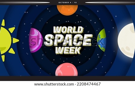 World Space Week Colorful Paper Art Banner. Celebrated on October 4 to 10. Solar System paper origami with Sun, Earth, glowing moon, Mars, Venus, Mercury. Vector Illustration.