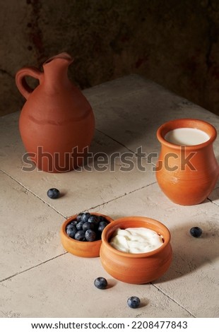 blueberries and milk in pottery on a light stone table