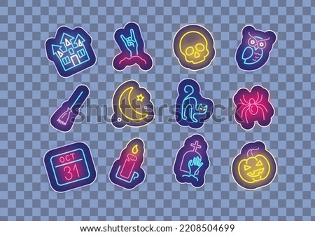 Halloween neon stickers collection. Pumpkin, skull and witch cat. Moon, candle and spider. Season october holiday. Glowing effect signs set on transparent background. Vector stock illustration