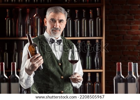 Sommelier with a glass of wine. Examination of wine products. Restaurant staff, expert wine steward among shelves of wine bottles. Stylish middle-aged man with a grey beard. Royalty-Free Stock Photo #2208505967