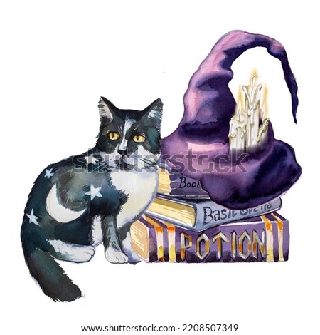 Beautiful book stack with a witch's hat and black cat design.Watercolor hand painted books illustration. Wizard concept. Halloween themed design. Fantasy artwork.