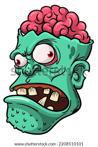 Cartoon funny green zombie character design with scary face expression. Halloween vector illustration isolated on white. Party poster,package design or holiday decoration