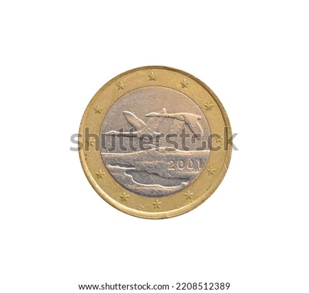Reverse of One Euro coin made by Finland, that shows Two flying swans, a design taken from a competition for a coin to commemorate the 80th anniversary of the independence of Finland