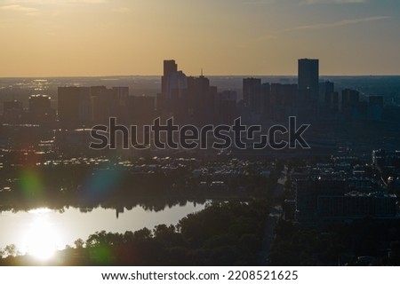 Aerial view of the Denver Colorado cityscape at sunset