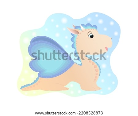 Colorful funny little dragon with wings on a colorful background with bubbles.