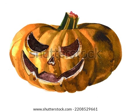 Watercolor hand painted jack o lanterns in witches hats clipart set isolated on a white background.Halloween design.Thanksgiving illustration.Autumn party clip art set.