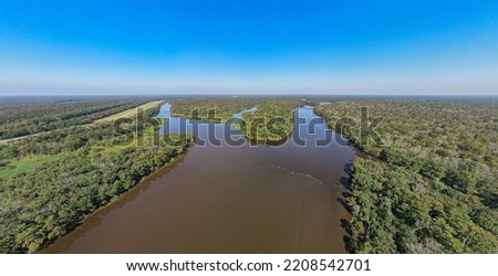 
Louisiana Swamp bay and cypress tree forest with levee afternoon high angle landscape shot Royalty-Free Stock Photo #2208542701