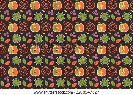 Fruit background with different berries, leaves in stylized flat style. Colorful isolated clip arts with apple, pomegranate, kiwi, blueberry for vegetarian, vegan menu of cafe, wrapping paper