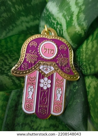 Hamsa hand amulet (hand of Fatima or hand of Miriam) on a background of green leaves with the inscription "good luck" close-up. Decoration piece of a palm with an eye in it, used to ward off the evil