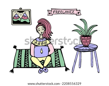 Woman freelancer at home, colorful illustration