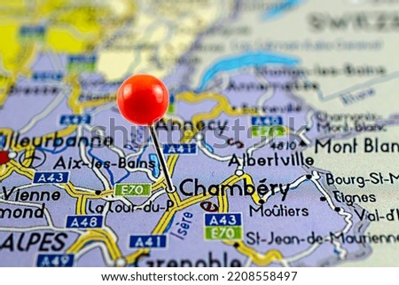 Chambéry map. Close up of Chambery map with red pin. Map with red pin point of Chambéry in France.