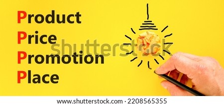 PPPP product price promotion place symbol. Concept words PPPP product price promotion place on white yellow on beautiful yellow background. Business and PPPP product price promotion place concept.
