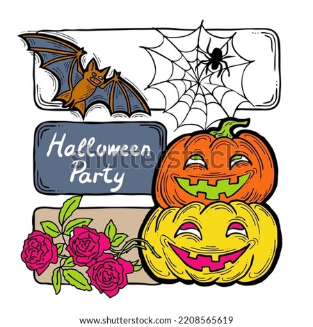 Halloween theme elements collection. Decorative template for poster print, greeting postcard, party invitation. Hand drawn comic style illustration. Cute and scary cartoon characters.
