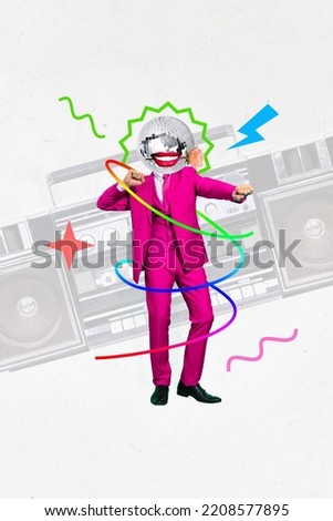 Photo artwork minimal picture of happy smiling guy wear pink suit disco ball instead of head having fun isolated drawing background