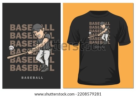 T shirt design, Pitch Baseball Boy Cartoon Player with Bat and ball.