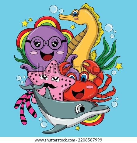 doodle art character sea ​​animals set illustration design