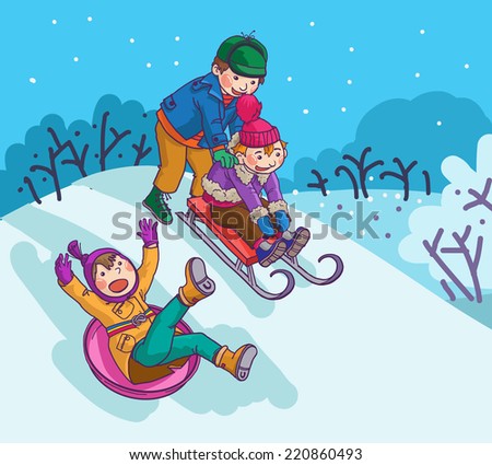 Tree Children tobogganing from the hill . Snow. Winter activities. Isolated objects on Snow Winter background. Great illustration for school books and more. VECTOR.