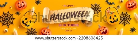 Happy Halloween banner template with halloween pumpkin and Halloween Elements on orange background.Website spooky,Background or banner Halloween template