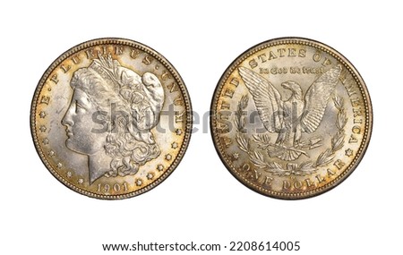Obverse (heads) and reverse (tails) of U.S. 1901-O Morgan silver dollar isolated on white background. Brilliant uncirculated with gold toning and bag marks. Minted in New Orleans.

 Royalty-Free Stock Photo #2208614005