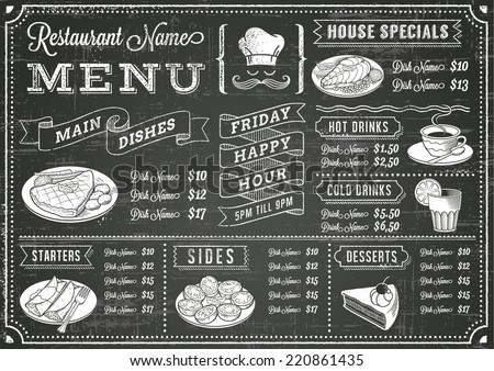 A full vector template Chalkboard menu for restaurant and snack bars with grunge elements. File is organized with layers for ease of use. Royalty-Free Stock Photo #220861435
