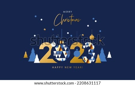 Merry Christmas and Happy New Year banner, greeting card, poster, holiday cover. Modern Xmas design in geometric style with triangle pattern, Christmas tree, ball, snow and 2023 number on night blue  Royalty-Free Stock Photo #2208631117