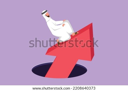 Graphic flat design drawing young Arab businessman standing on big arrows coming out of holes. Male manager leading financial graph rising from hole. Business growth. Cartoon style vector illustration