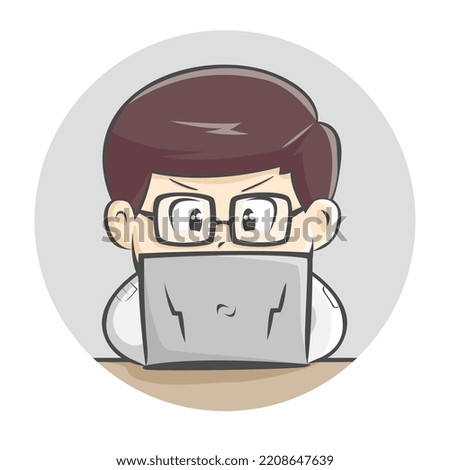 Cartoon cute character hacker with glasses IT expert is working on a task on his laptop