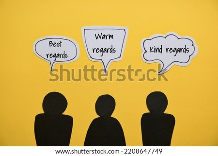 Writing letter concept with types of closing remarks in speech bubble on yellow background with paper cut silhouette people. Royalty-Free Stock Photo #2208647749