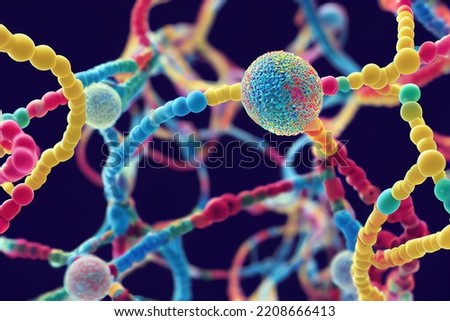 Dna molecule structure with colorful chain. Molecular model isolated on dark background. Selective focus of atom communication and neurons network. Science or medical concept
