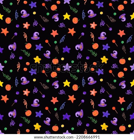 Hand drawn watercolor leaves and pumpkin seamless pattern on black background. Can be used for textile, Halloween Scrapbook design, banner
