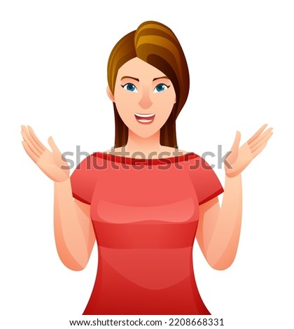 Cheerful woman showing surprised gesture cartoon character