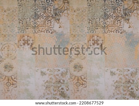 Old brown gray rusty vintage worn geometric shabby mosaic ornate patchwork motif porcelain stoneware tiles stone concrete cement wall texture background square pattern Royalty-Free Stock Photo #2208677529