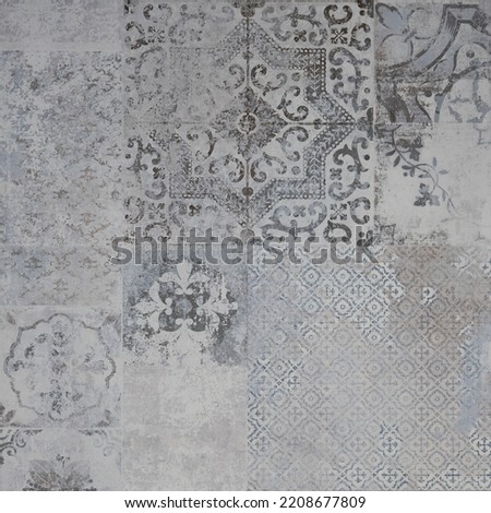Old gray grey vintage worn geometric shabby mosaic ornate patchwork motif porcelain stoneware tiles stone concrete cement wall texture background square pattern Royalty-Free Stock Photo #2208677809