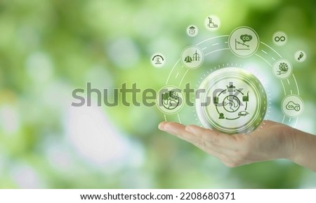 Business value chain and sustainability. LCA, Life cycle assessment . Positive environmental impact to value chain product. Carbon footprint reduction. ISO LCA standard aims to limit climate change. Royalty-Free Stock Photo #2208680371