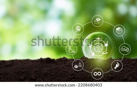 Business value chain and sustainability. LCA, Life cycle assessment . Positive environmental impact to value chain product. Carbon footprint reduction. ISO LCA standard aims to limit climate change. Royalty-Free Stock Photo #2208680403