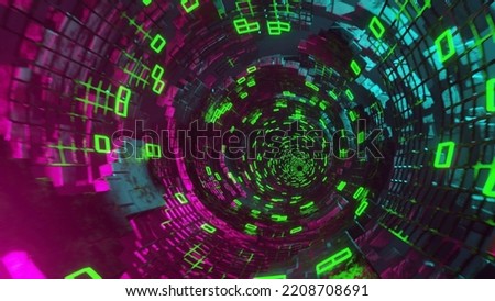 A circular sci-fi tunnel with cyber grunge colors blue and pink  