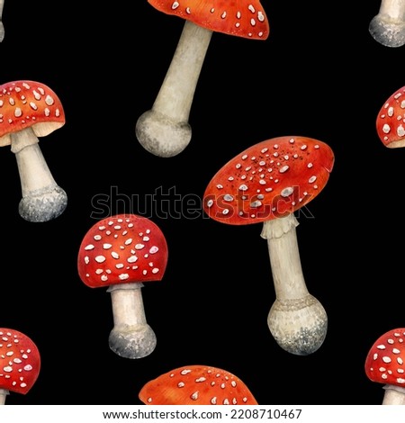 Seamless pattern of fly agaric mushrooms. Watercolor illustration. Made by hand