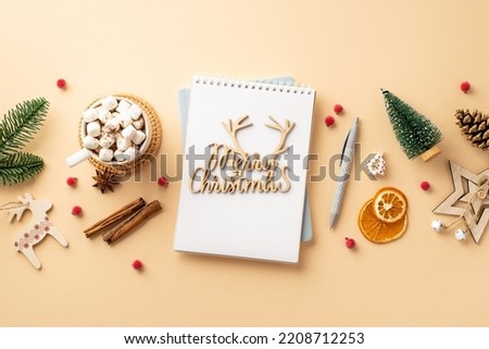 Christmas concept. Top view photo of diary merry christmas wooden text pen ornaments pine branch cone cup of cocoa with marshmallow mistletoe dried orange slices cinnamon on isolated beige background