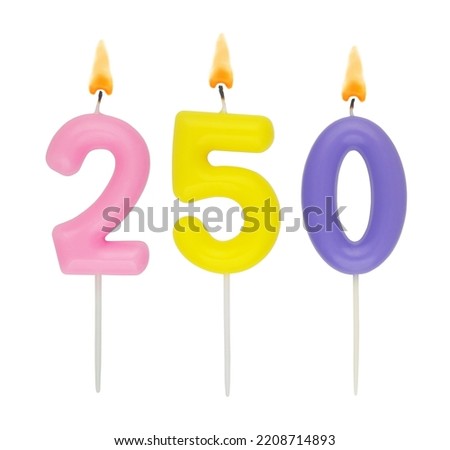 Colorful birthday candles isolated on white background, number 250