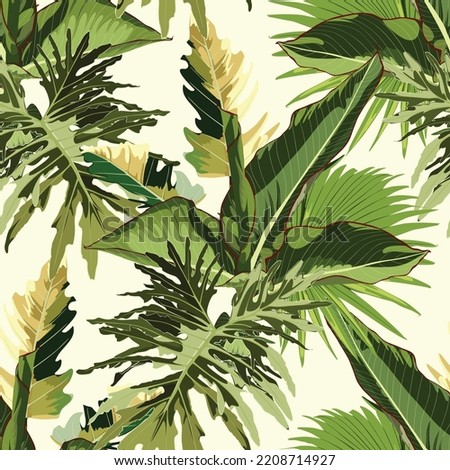 Floral seamless pattern, exotic tropical  leaves and plant on white background.
