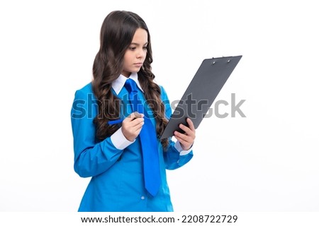 Teenage girl looking at job list on clipboard on white background.