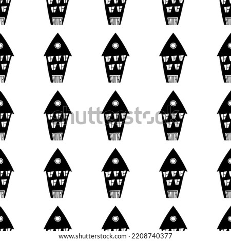 Pattern with houses in line art. Black Houses silhouette and outline seamless pattern with window and door. Endless print background texture.