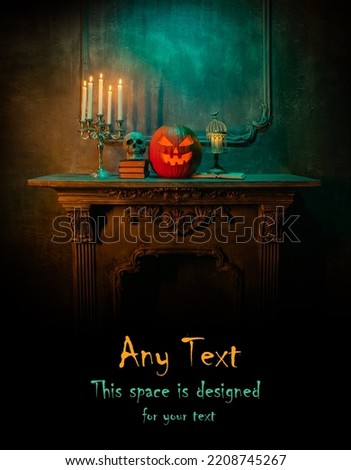 Halloween background with copy space for any text. Scary pumpkin and old skull on ancient gothic fireplace. Halloween, witchcraft and magic.