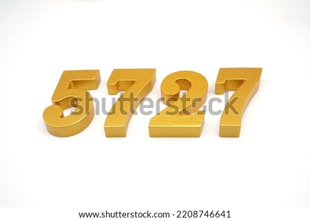    Number 5727 is made of gold-painted teak, 1 centimeter thick, placed on a white background to visualize it in 3D.                                  
